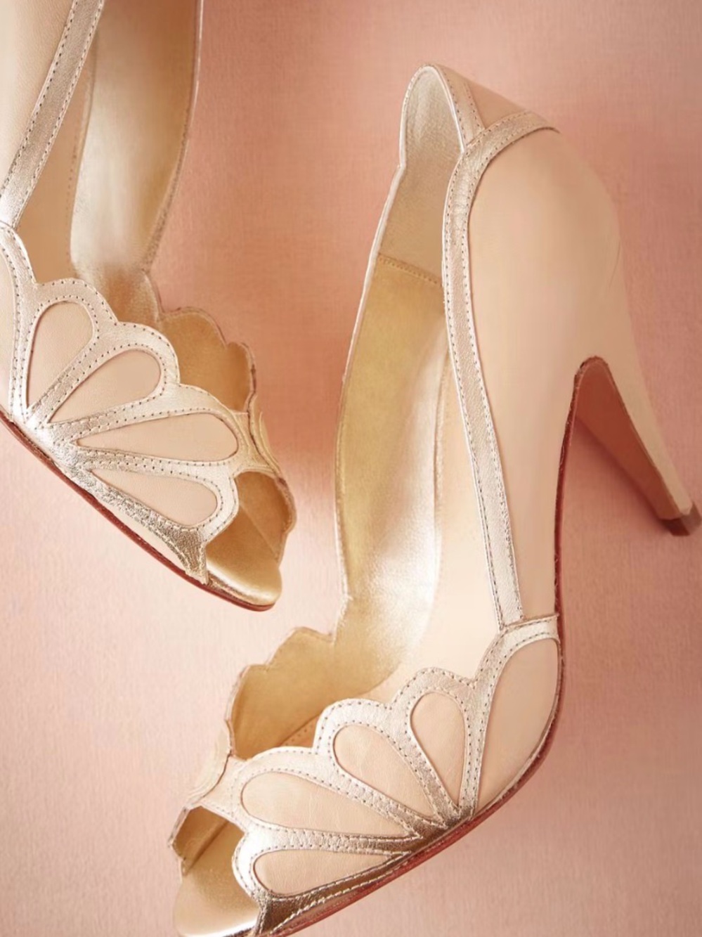 Elegant BHLDN Women's Peep-Toe Heels in Blush with Metallic Trim
